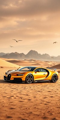 A yellow sports car drives through the desert