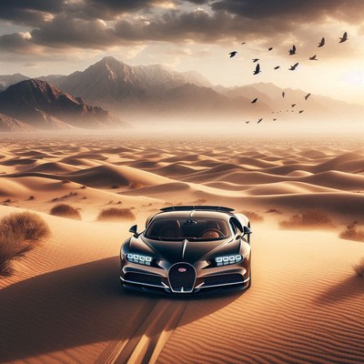 A black sports car drives through a desert