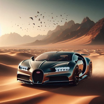 A black sports car drives through the desert