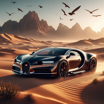 A black sports car drives through a desert
