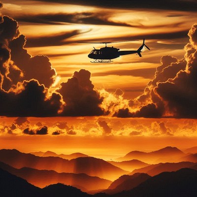 A helicopter flies through the clouds during a sunset