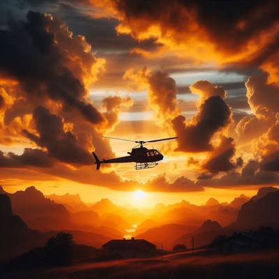 A helicopter flies through the sky at sunset
