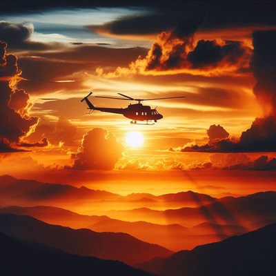 A helicopter flies through a sunset sky