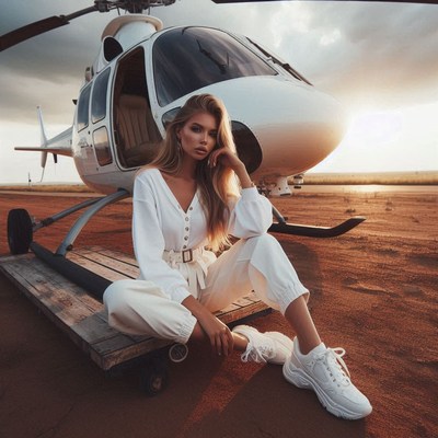 A woman sits in front of a helicopter on a runway