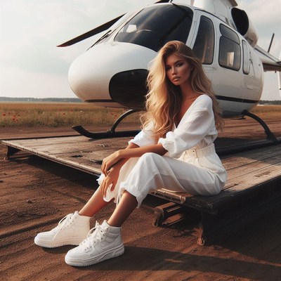 A woman sits near a helicopter on a sunny day