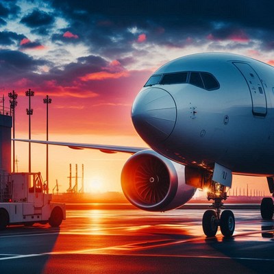 An airplane taxis on the runway at sunset