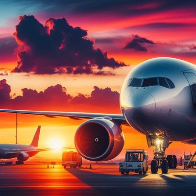 An airplane sits on the runway at sunset