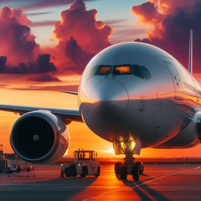 An airplane is parked on the tarmac at sunset