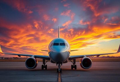 An airplane sits on the tarmac at sunset