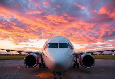 An airplane sits on the tarmac at sunset