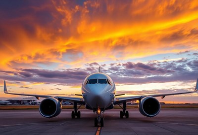 A plane sits on the tarmac at sunset