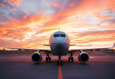 An airplane sits on the runway at sunset