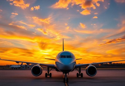 An airplane sits on the tarmac at sunset