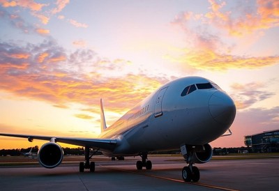 A white airplane sits on the tarmac at sunset