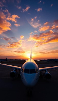 An airplane sits on the runway at sunset