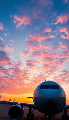 An airplane sits on the runway at sunrise