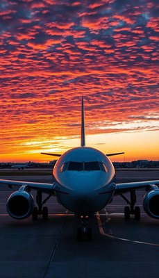 An airplane sits on the runway at sunset