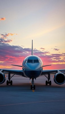 A plane sits on the tarmac at sunset