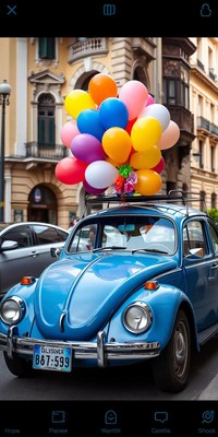 A blue car with balloons on top parked in the city