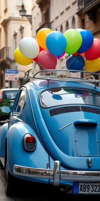 A blue car with balloons on the roof is parked in a city