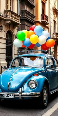 A blue car with balloons on top parked on a city street