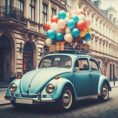 A blue car with balloons on the roof drives through the city