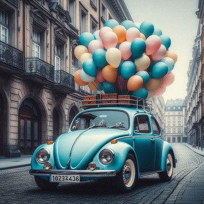 Blue vintage car with balloons drives through city