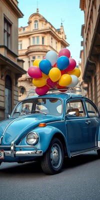 Blue car with balloons drives through the city