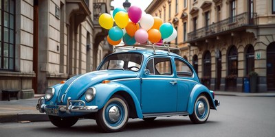 Blue car with balloons drives down city street