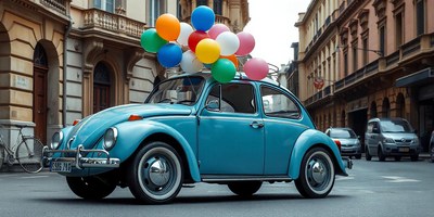 A blue car with balloons on top drives through the city
