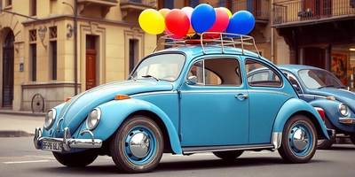 Blue beetle with balloons drives down the street