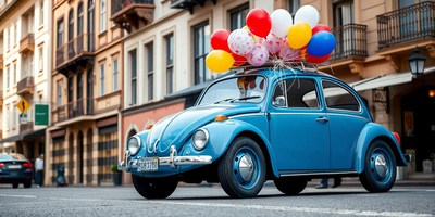 A blue car with balloons on top drives down a city street