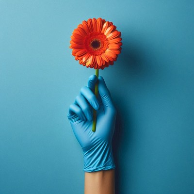 A hand wearing a blue glove holds a single orange flower