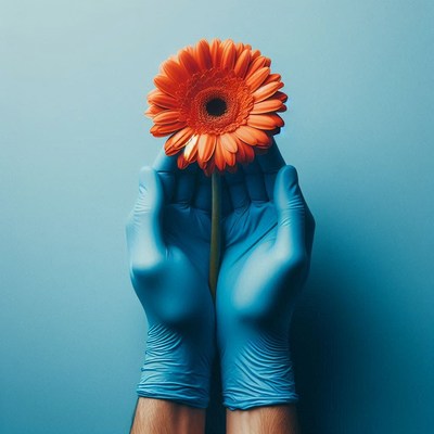 Hands in blue gloves hold an orange gerbera daisy