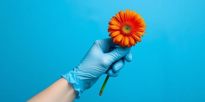 Blue-gloved hand holds an orange flower on blue