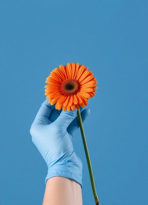 A gloved hand holds an orange gerbera daisy