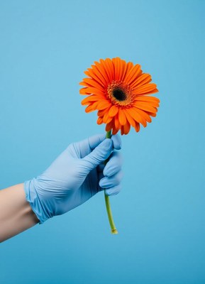 A hand wearing a blue glove holds an orange gerbera daisy