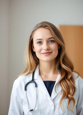 Woman in white coat smiles in hospital room