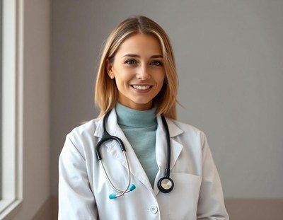 A female doctor smiles in a white coat