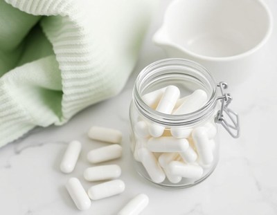 A glass jar filled with white pills on a table