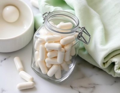 White capsules in a glass jar on a marble countertop