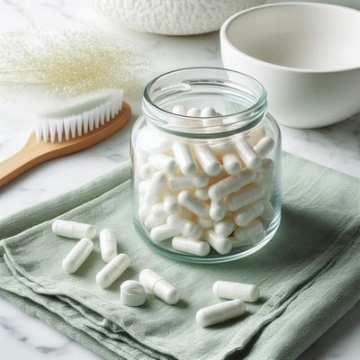 White capsules in a glass jar on a towel