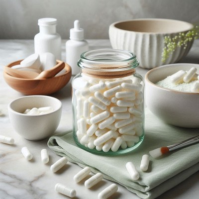 White capsules in a glass jar on a marble surface