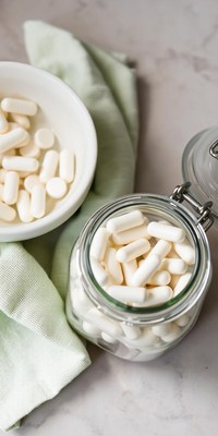 White capsules in a glass jar on a countertop