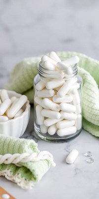 White pills in a glass jar on a countertop