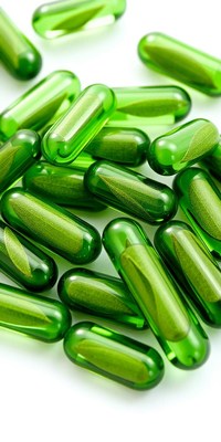 Green capsules with plant matter inside