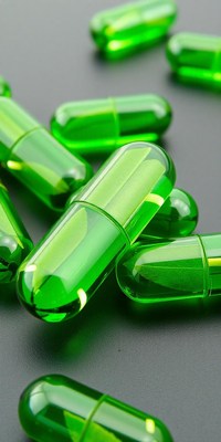Green capsules lie on a gray surface