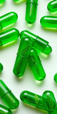 Green leaf-designed capsules on a white surface