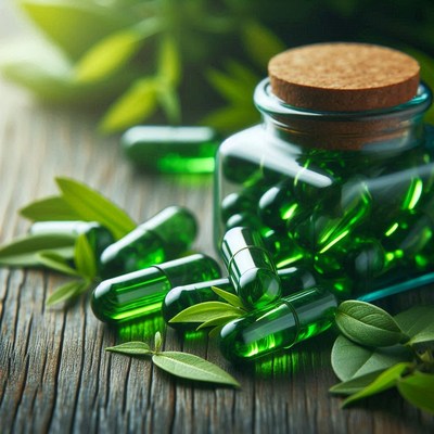 Green capsules on a wooden surface with leaves
