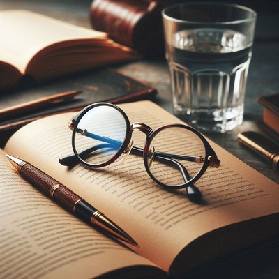 Round glasses rest on an open book